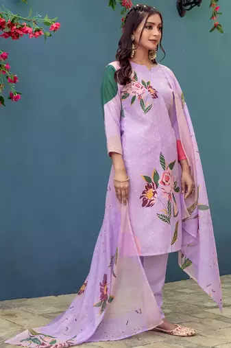 lavender cotton blend kurta set with pant & dupatta