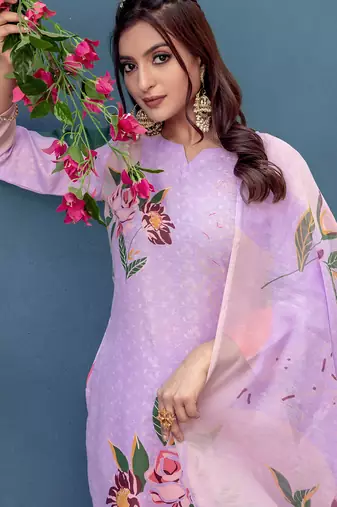 lavender cotton blend kurta set with pant & dupatta