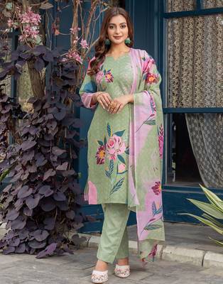 green printed cotton kurta set with dupatta 1