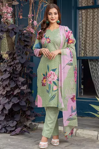 Women's green cotton blend printed designer kurta set with dupatta