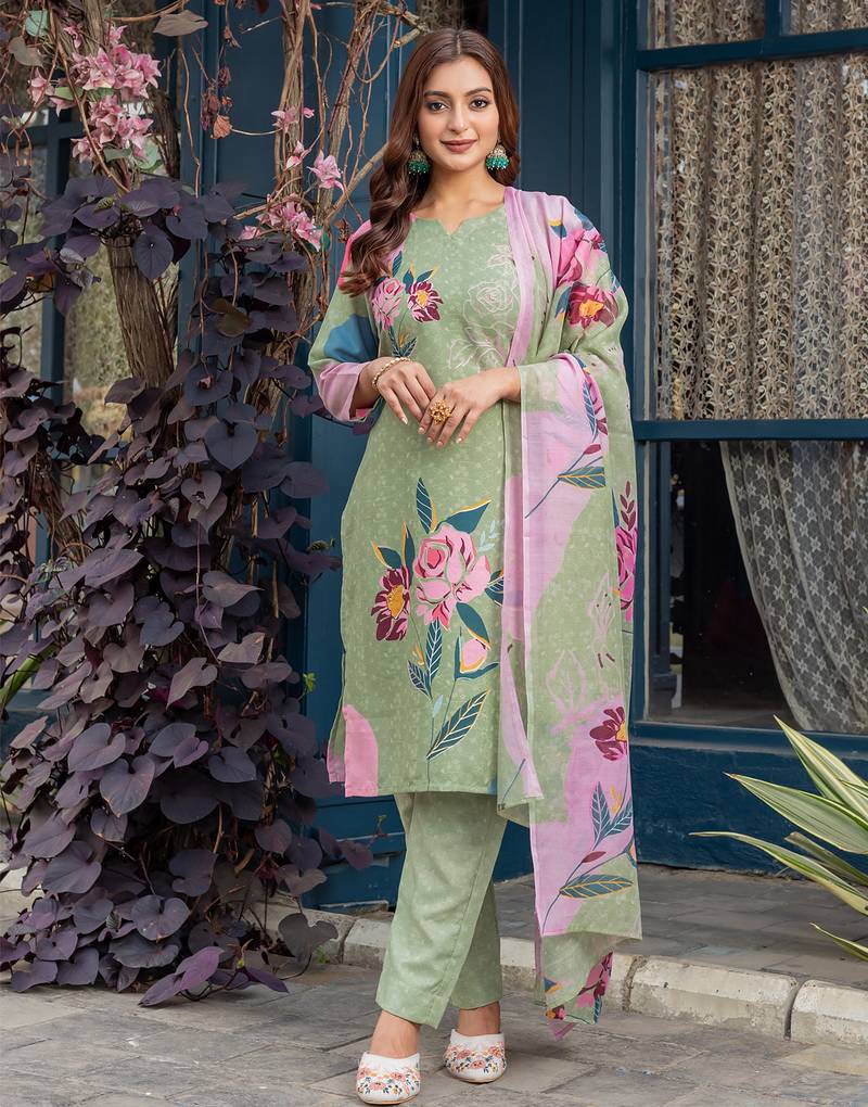 green printed cotton kurta set with dupatta