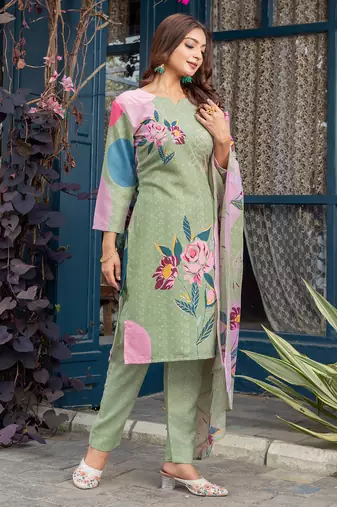green printed cotton kurta set with dupatta