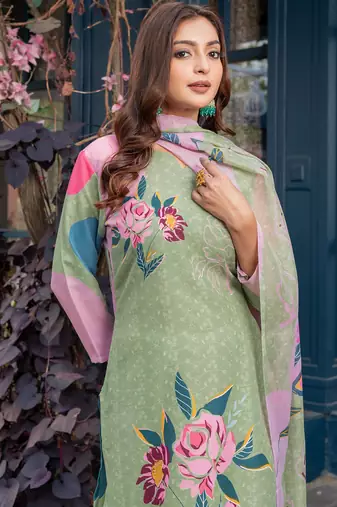 green printed cotton kurta set with dupatta