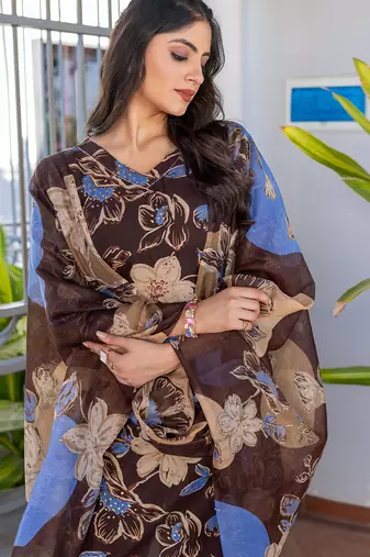 coffee printed cotton kurta set with pants