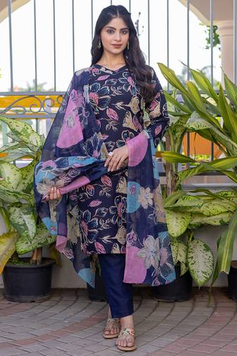 Women's navy blue cotton blend printed designer kurta set with dupatta