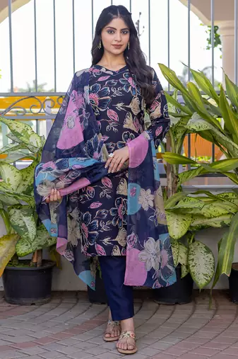 Women's navy blue cotton blend printed designer kurta set with dupatta