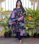 navy blue printed cotton kurta set with pants