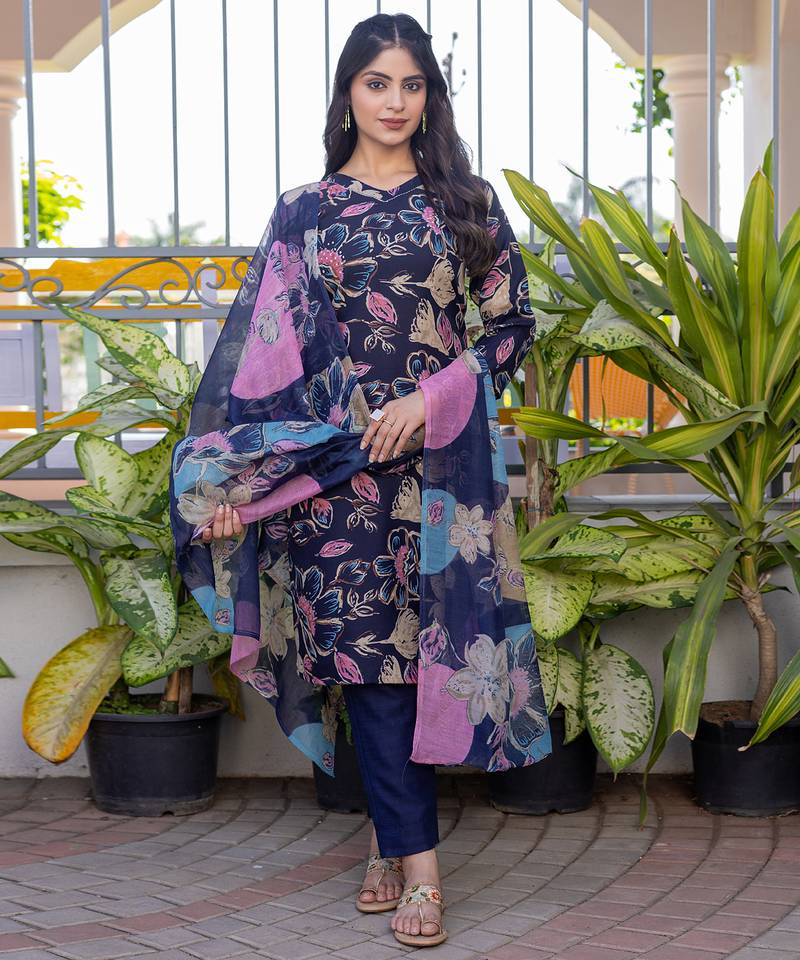 Women's navy blue cotton blend printed designer kurta set with dupatta