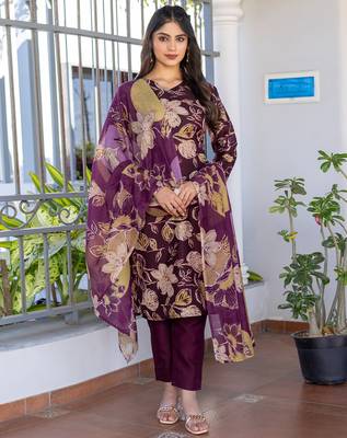wine printed cotton kurta set with pant with dupatta 1