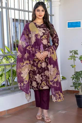 Women's wine cotton blend printed designer kurta set with dupatta