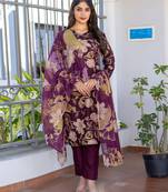 wine printed cotton kurta set with pant with dupatta