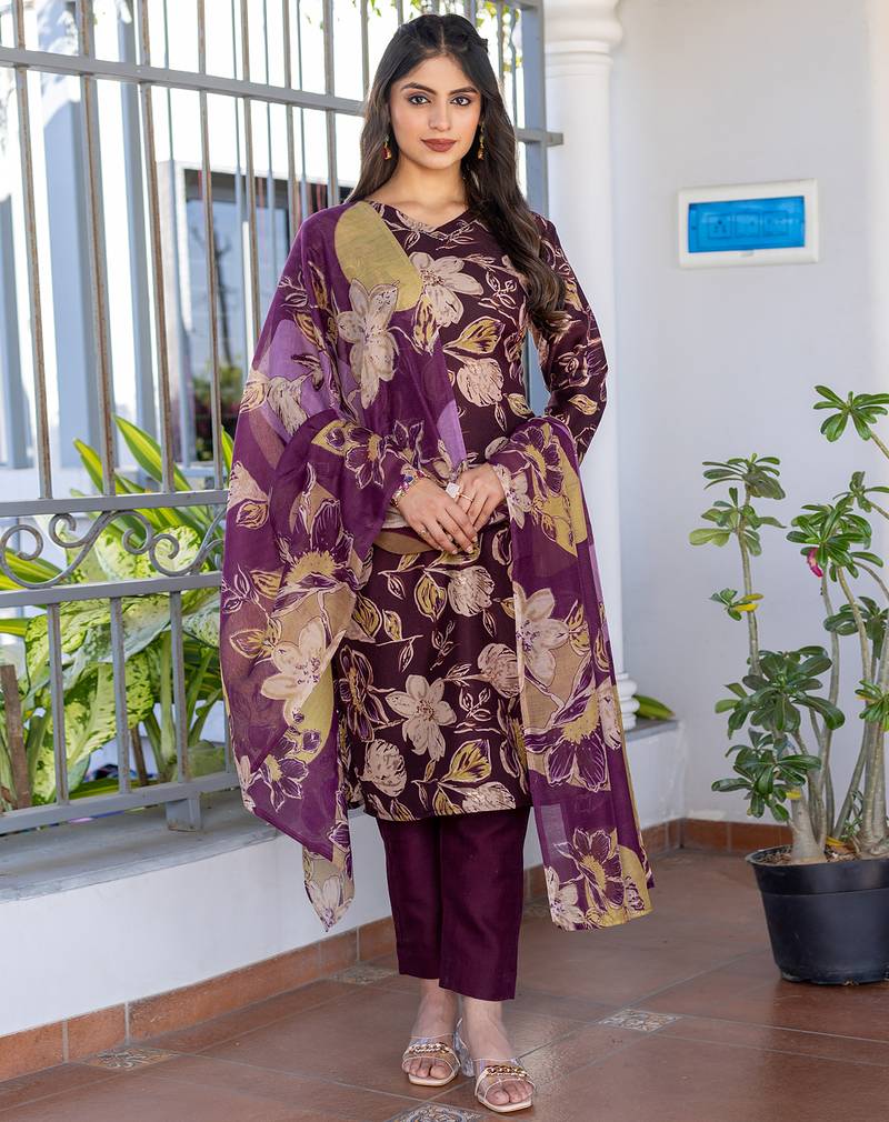 Women's wine cotton blend printed designer kurta set with dupatta