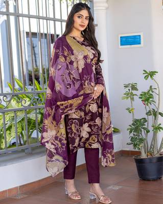 wine printed cotton kurta set with pant with dupatta 2