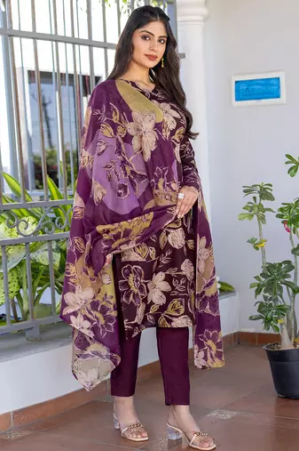 wine printed cotton kurta set with pant with dupatta