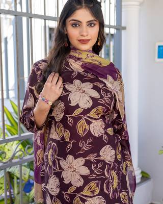 wine printed cotton kurta set with pant with dupatta 3