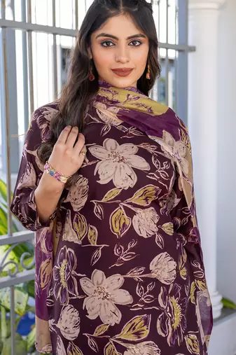 wine printed cotton kurta set with pant with dupatta