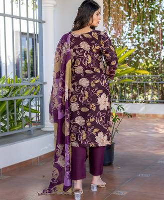 wine printed cotton kurta set with pant with dupatta 4
