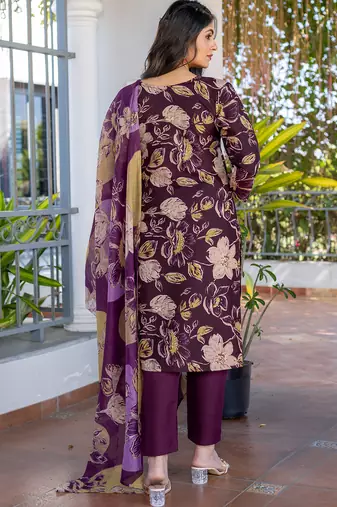 wine printed cotton kurta set with pant with dupatta