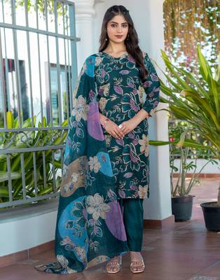 teal printed cotton kurta set with pants 1
