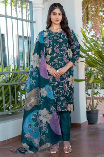 teal printed cotton kurta set with pants