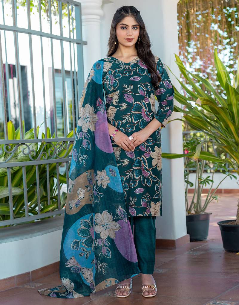 Women's teal cotton blend printed designer kurta set with dupatta