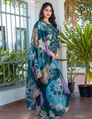 teal printed cotton kurta set with pants 2