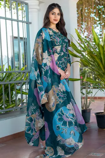 teal printed cotton kurta set with pants