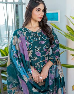 teal printed cotton kurta set with pants 3