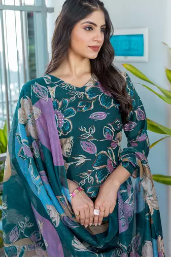 teal printed cotton kurta set with pants