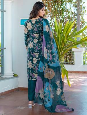 teal printed cotton kurta set with pants 4