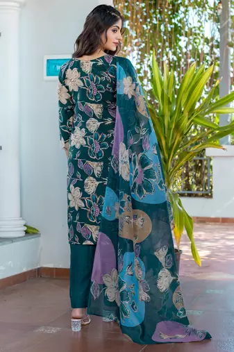 teal printed cotton kurta set with pants