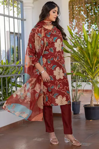 maroon cotton kurta set with dupatta for women