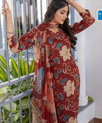 maroon cotton kurta set with dupatta for women 3