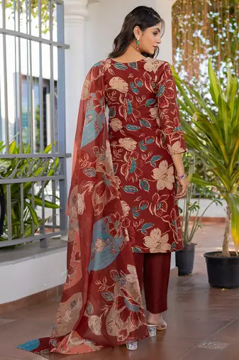 maroon cotton kurta set with dupatta for women