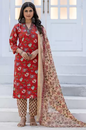 Women's red rayon printed designer kurta set with dupatta