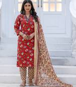 Women's red rayon printed designer kurta set with dupatta