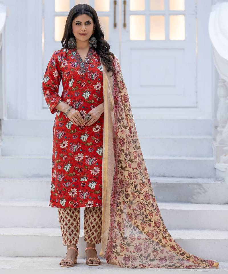Women's red rayon printed designer kurta set with dupatta