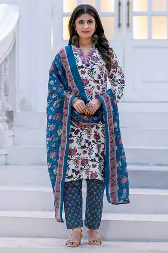 Women's white rayon printed designer kurta set with dupatta