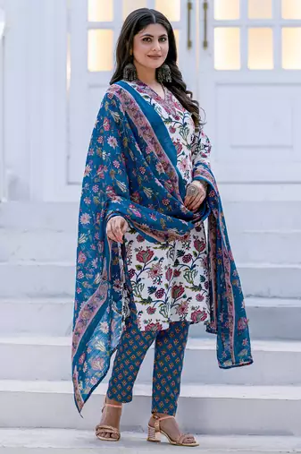 white rayon printed kurta set with pant