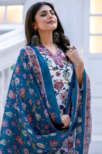white rayon printed kurta set with pant
