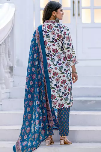 white rayon printed kurta set with pant