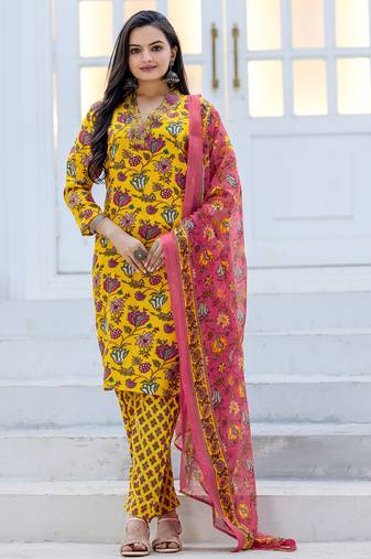Women's yellow rayon printed designer kurta set with dupatta