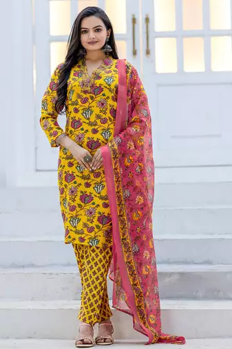 Women's yellow rayon printed designer kurta set with dupatta
