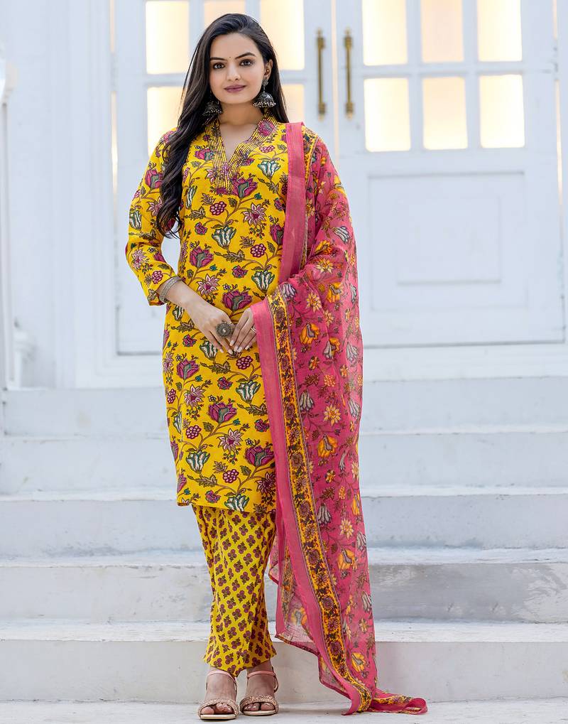 Women's yellow rayon printed designer kurta set with dupatta