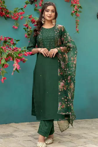 Women's bottle green silk handwork designer kurta set with dupatta