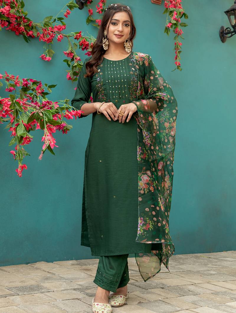 Women's bottle green silk handwork designer kurta set with dupatta