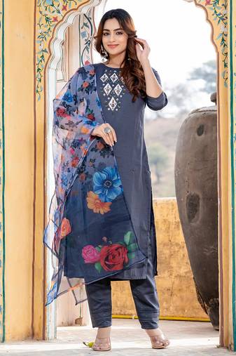 dark grey designer silk kurta set with dupatta