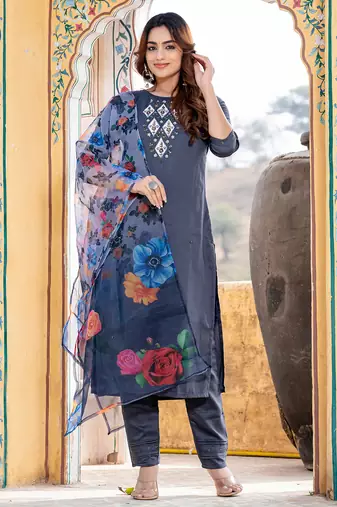 Women's dark grey silk handwork designer kurta set with dupatta