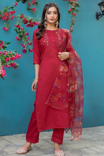 Women's maroon silk handwork designer kurta set with dupatta