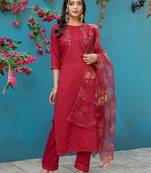Women's maroon silk handwork designer kurta set with dupatta